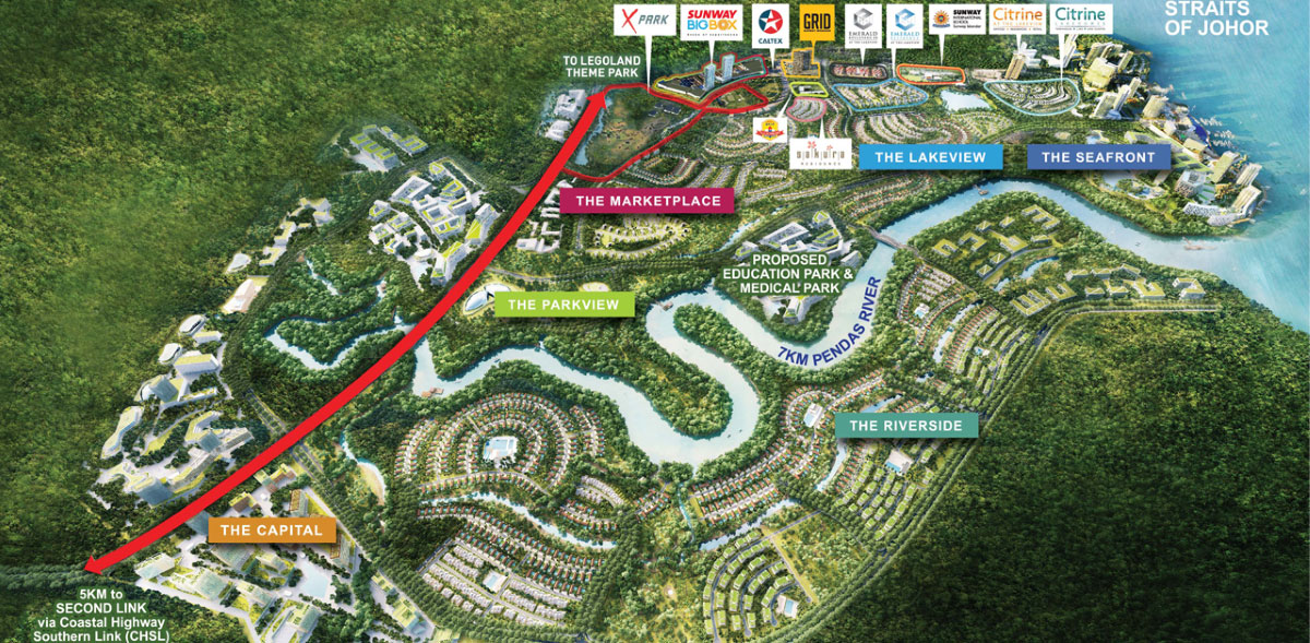 A bird’s eye view of Sunway City Iskandar Puteri in Johor, Malaysia, with its six elaborate precincts labelled distinctly alongside distinguished landmarks and hotspots, with the Pendas River traversing naturally within from the Straits of Johor.