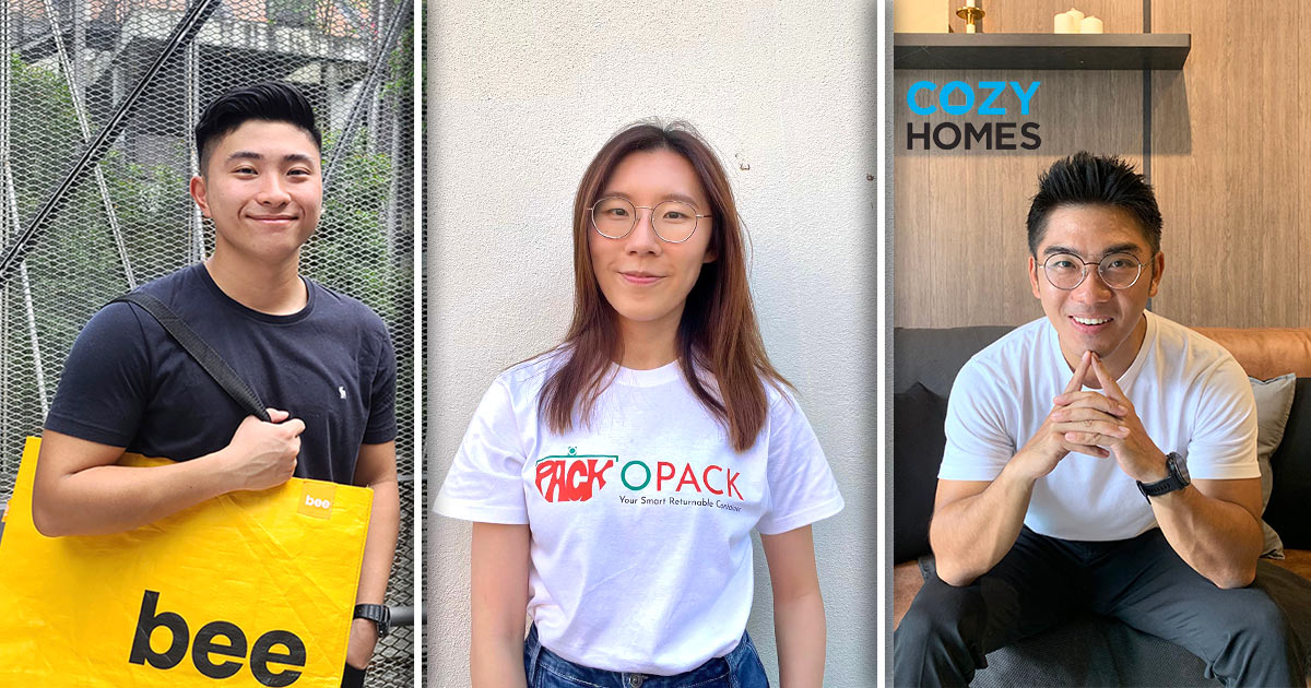 A collage of three portraits comprising start-up co-founders as well as founders Joshua of Beebag, Mei Xin of OPACK, and Vincent of CozyHomes