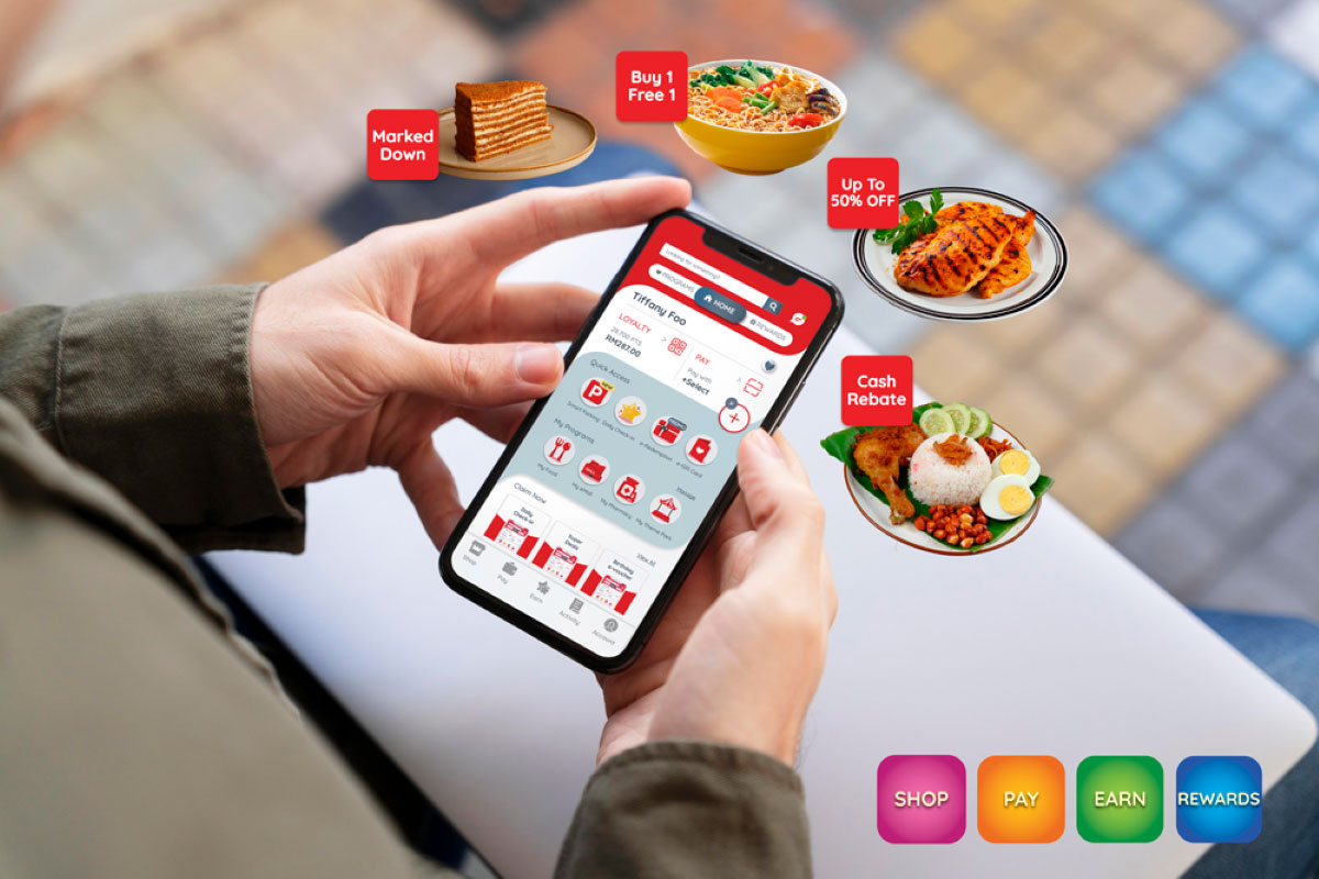 A shot of man holding a phone with Sunway Super App on the screen, showcasing different features of the app
