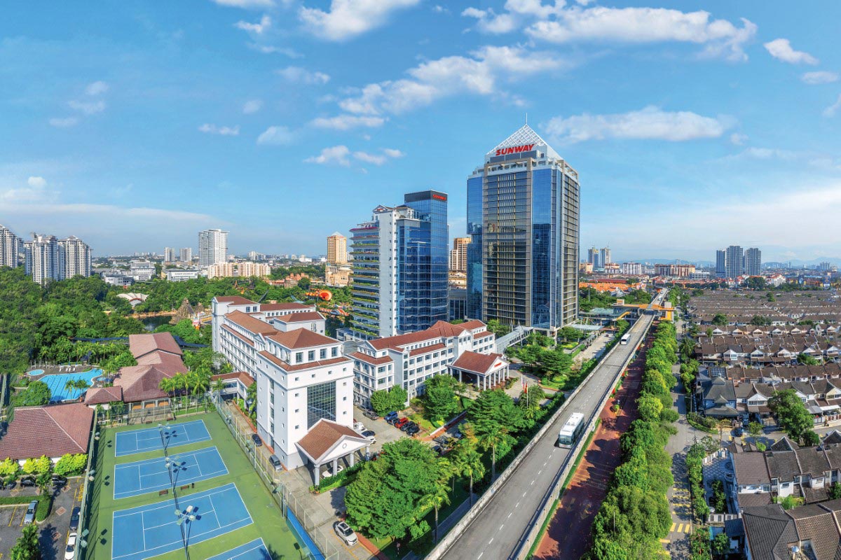 A drone long shot of Menara Sunway and Sunway Pinnacle amidst a clear sky