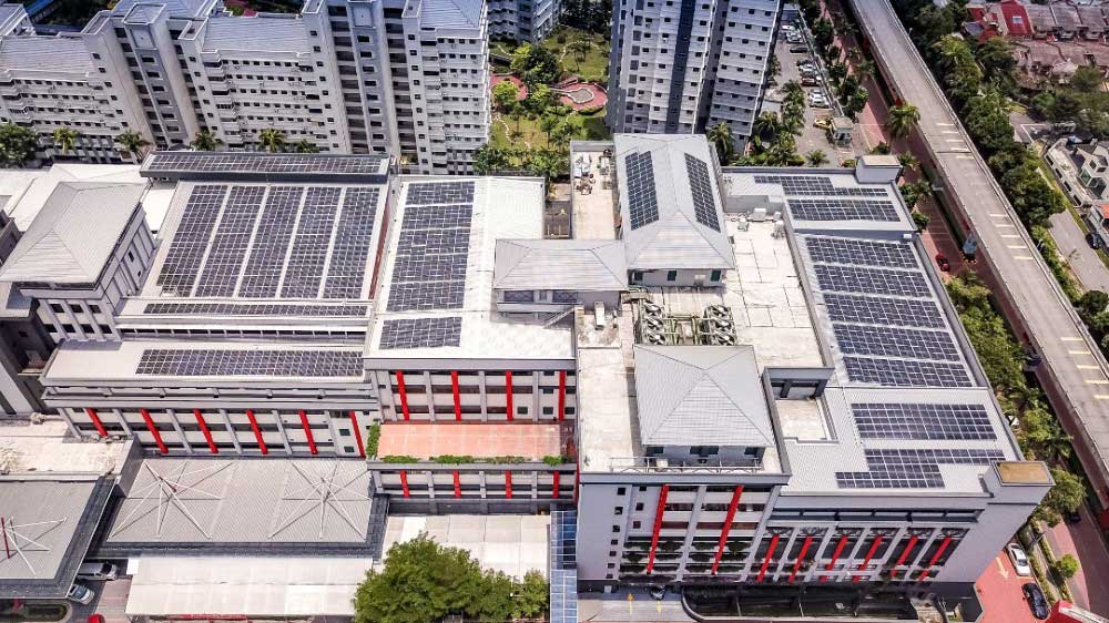 Drone shot of solar panels at Sunway Medical Centre