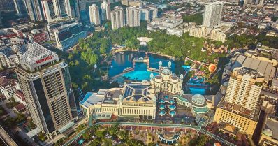 A high-angled drone shot of Sunway City Kuala Lumpur and its solar panels