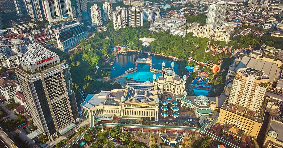 A high-angled drone shot of Sunway City Kuala Lumpur and its solar panels