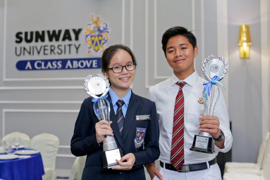Sunway Volunteers with a Quality Education sign at a CSR event. Winners of the Sunway-Oxbridge Essay Competition at Sunway University