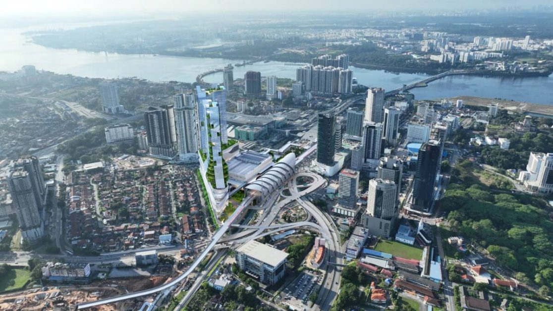 Drone shot of Bukit Chagar Integrated Mixed-use Development next to the Bukit Chagar RTS Station