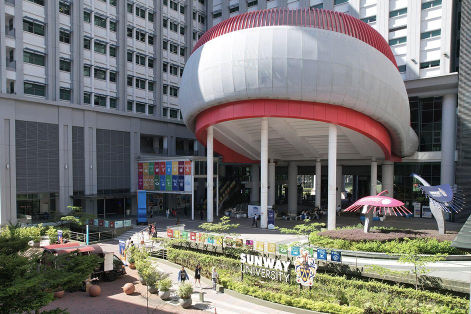 Sunway University Facade with students walking on campus